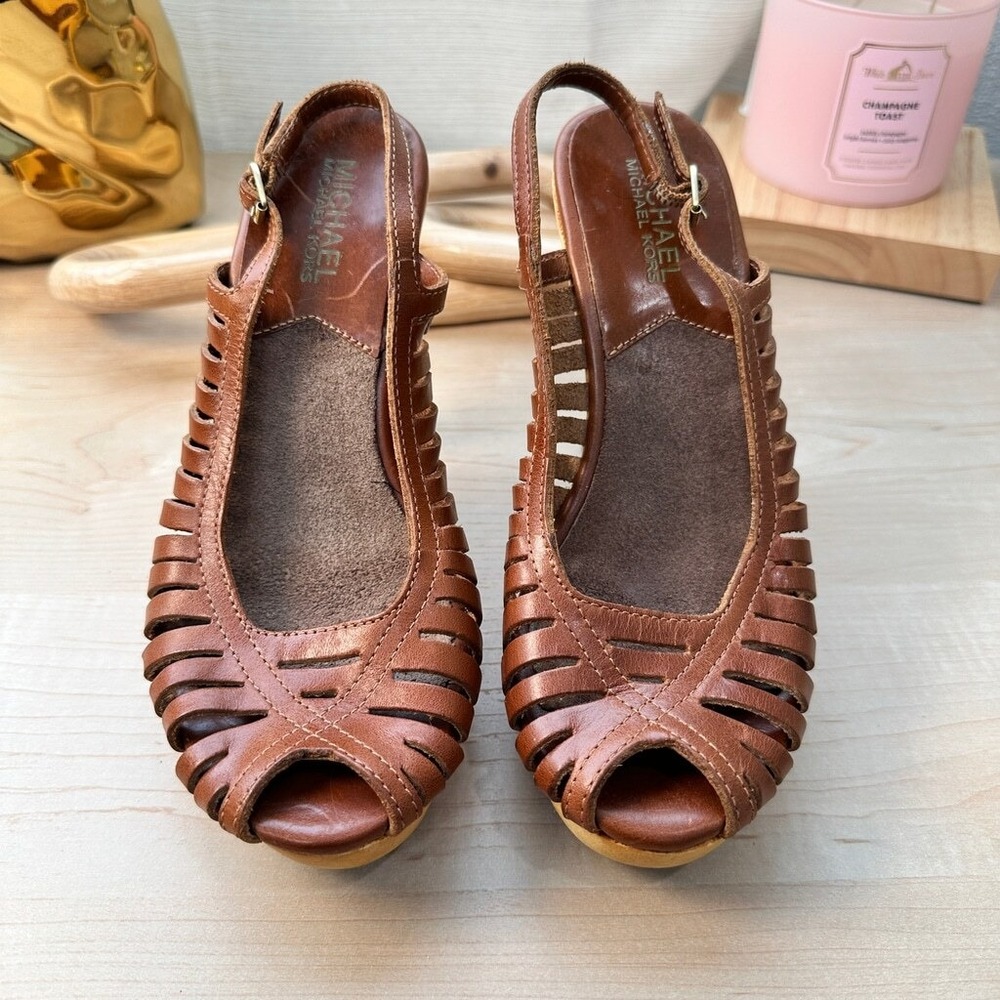 MICHAEL KORS Cognac Brown Leather Strappy Wood Platform Slingback Heels Size‎ 6M